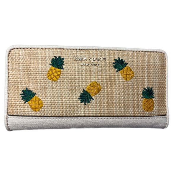Kate Spade Darcy Straw and Leather Pineapple Embroidered Large Bifold Wallet - Picture 1 of 7